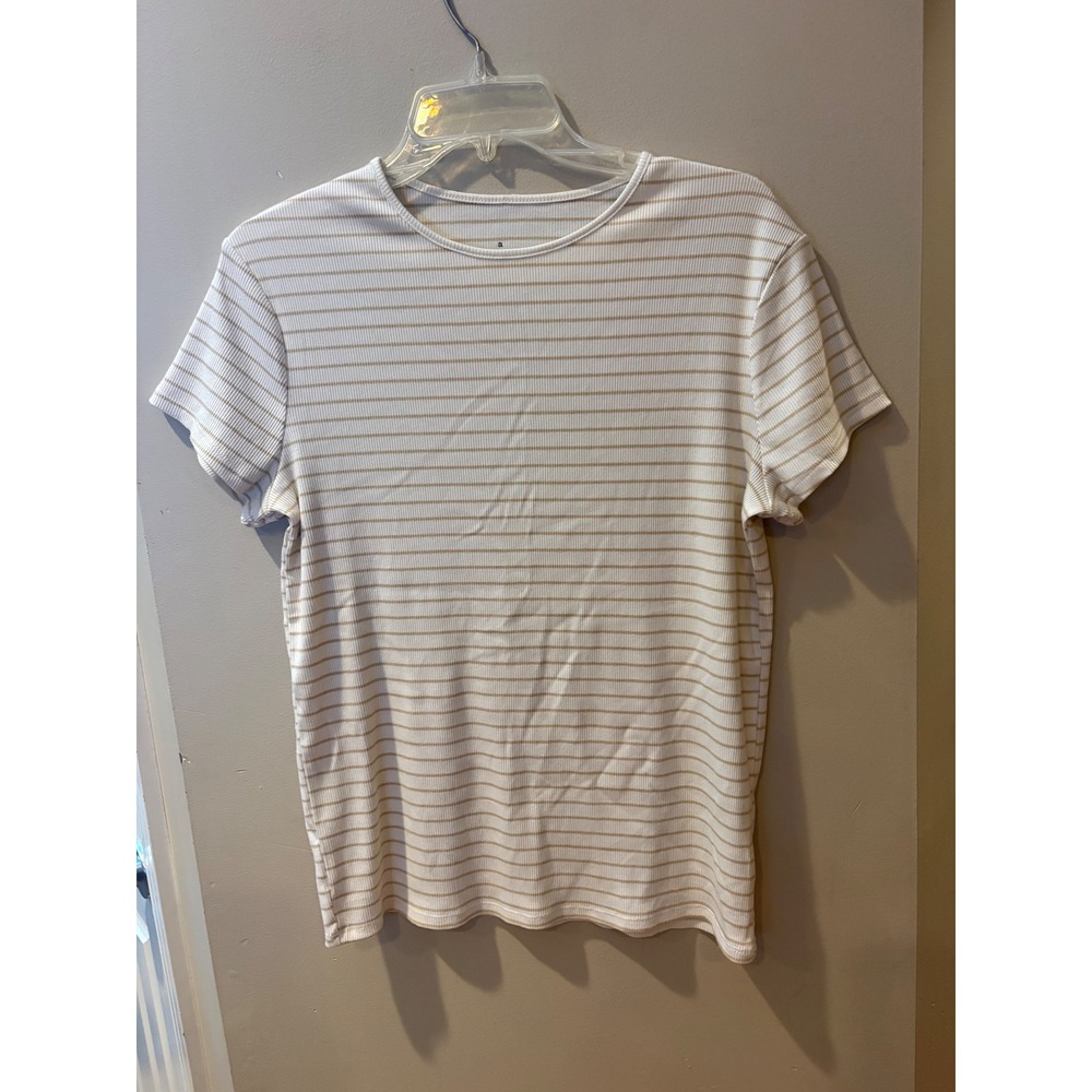 A New Day Tan White Striped Ribbed Short Sleeve Crew Neck Tee Top size  Large L